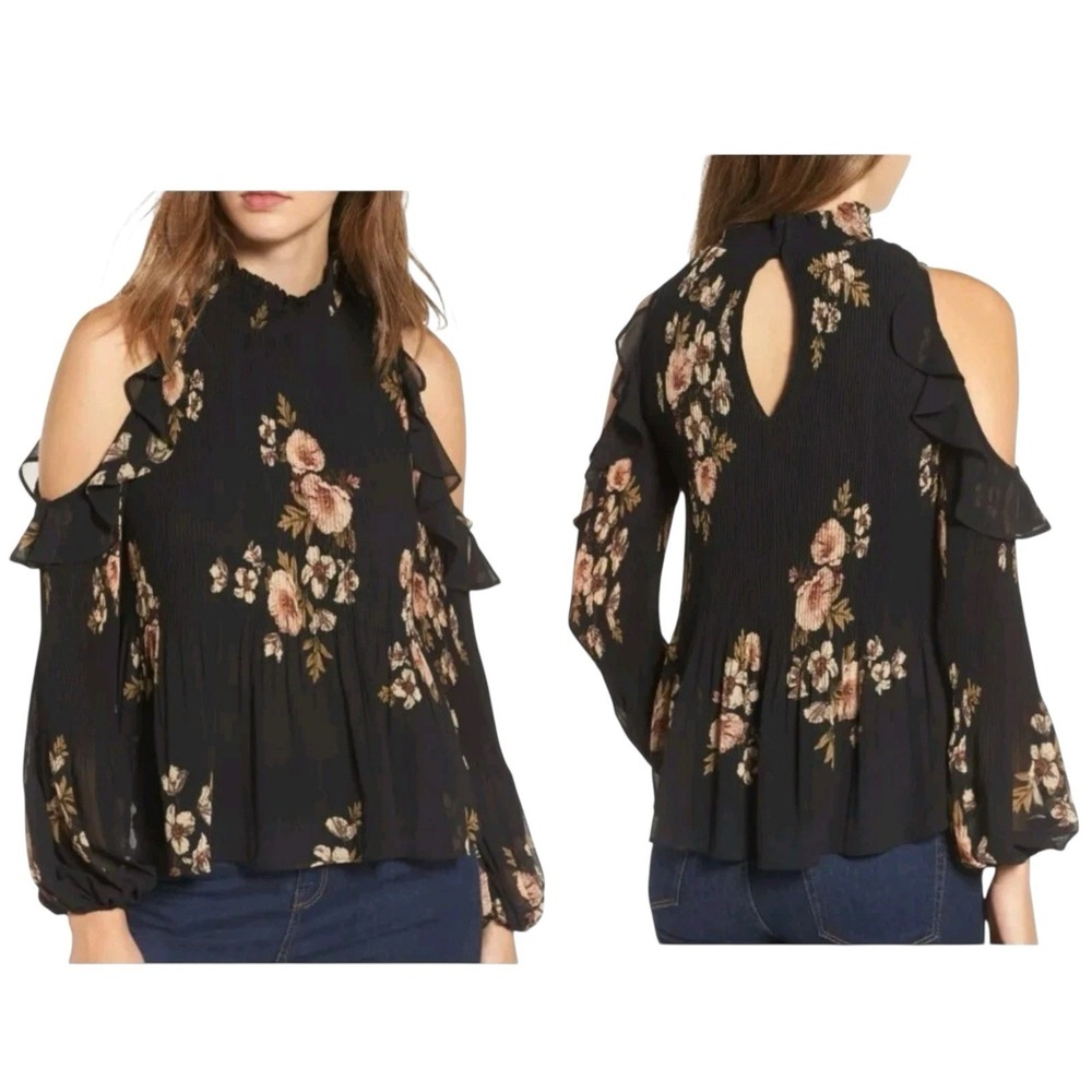 ASTR The Label Blouse Top Womens Size‎ S Black Sheer Baby Doll Ruffled Feminine